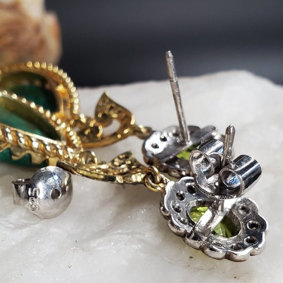 Sterling Silver 925/14k Gold Earrings Diamond African Chrysocolla Natural Stone - Picture 4 of 11